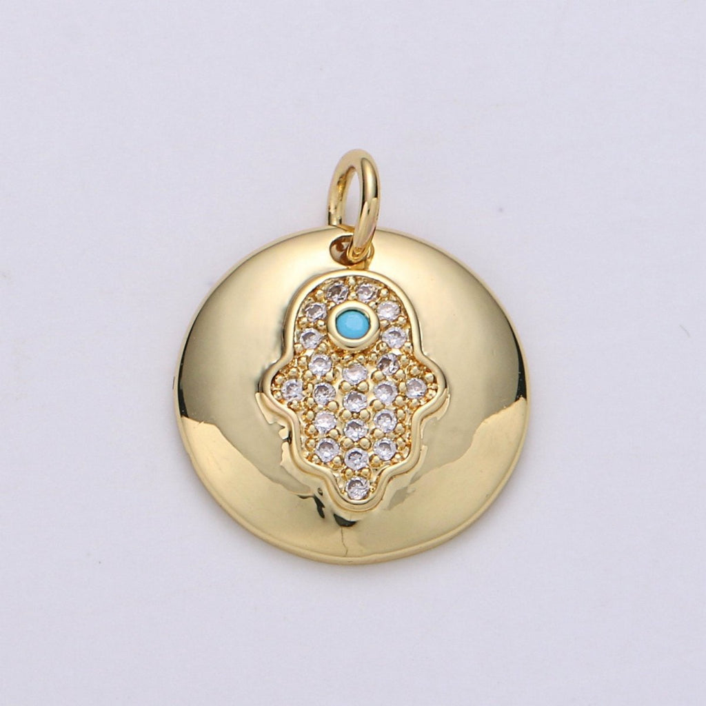 14k Gold plated Micro Pave CZ Hamsa Pendant Charm, Universe Protective Micro Pave CZ Pendant Charm, Dainty Torquoise Jewelry D-678 - DLUXCA