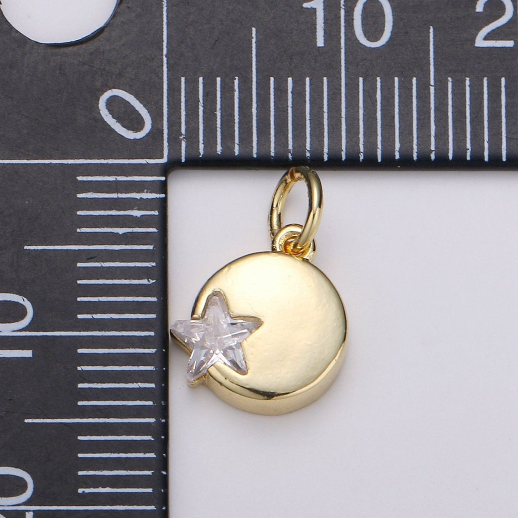 14K Gold plated Micro Pave CZ Star in the Universe Charm, Dainty Star Pendant Charm, Gold plated Round Pendant, Wristlet Charm D-221 D-222