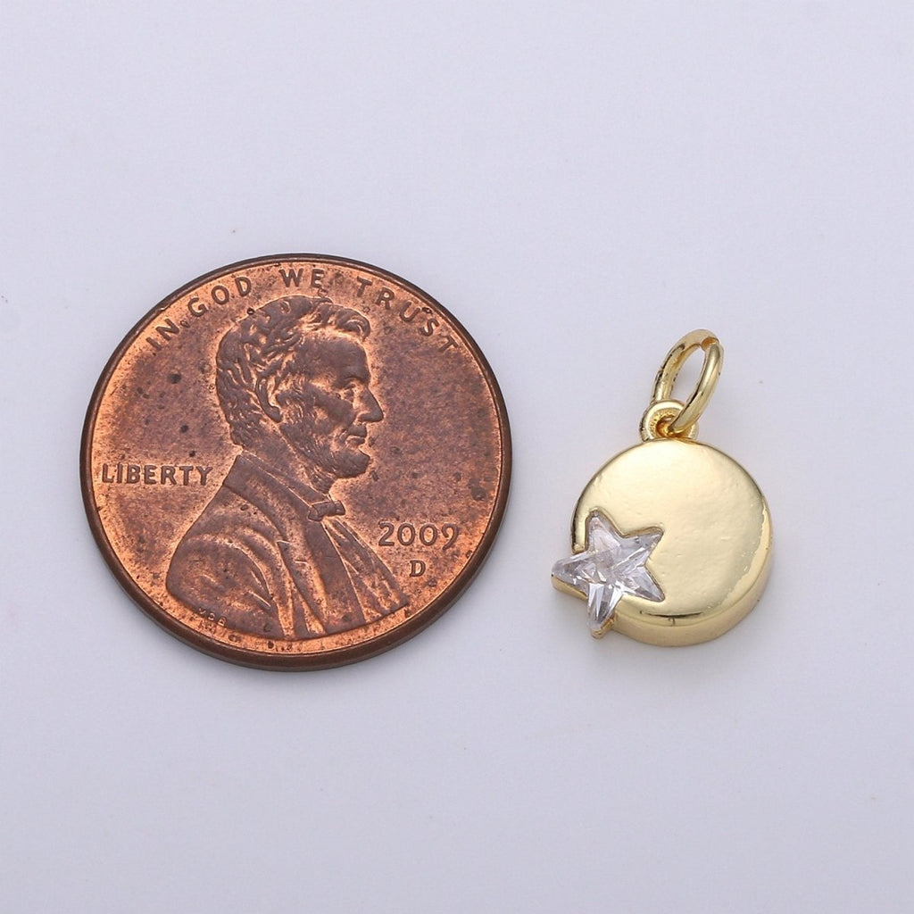 14K Gold plated Micro Pave CZ Star in the Universe Charm, Dainty Star Pendant Charm, Gold plated Round Pendant, Wristlet Charm D-221 D-222