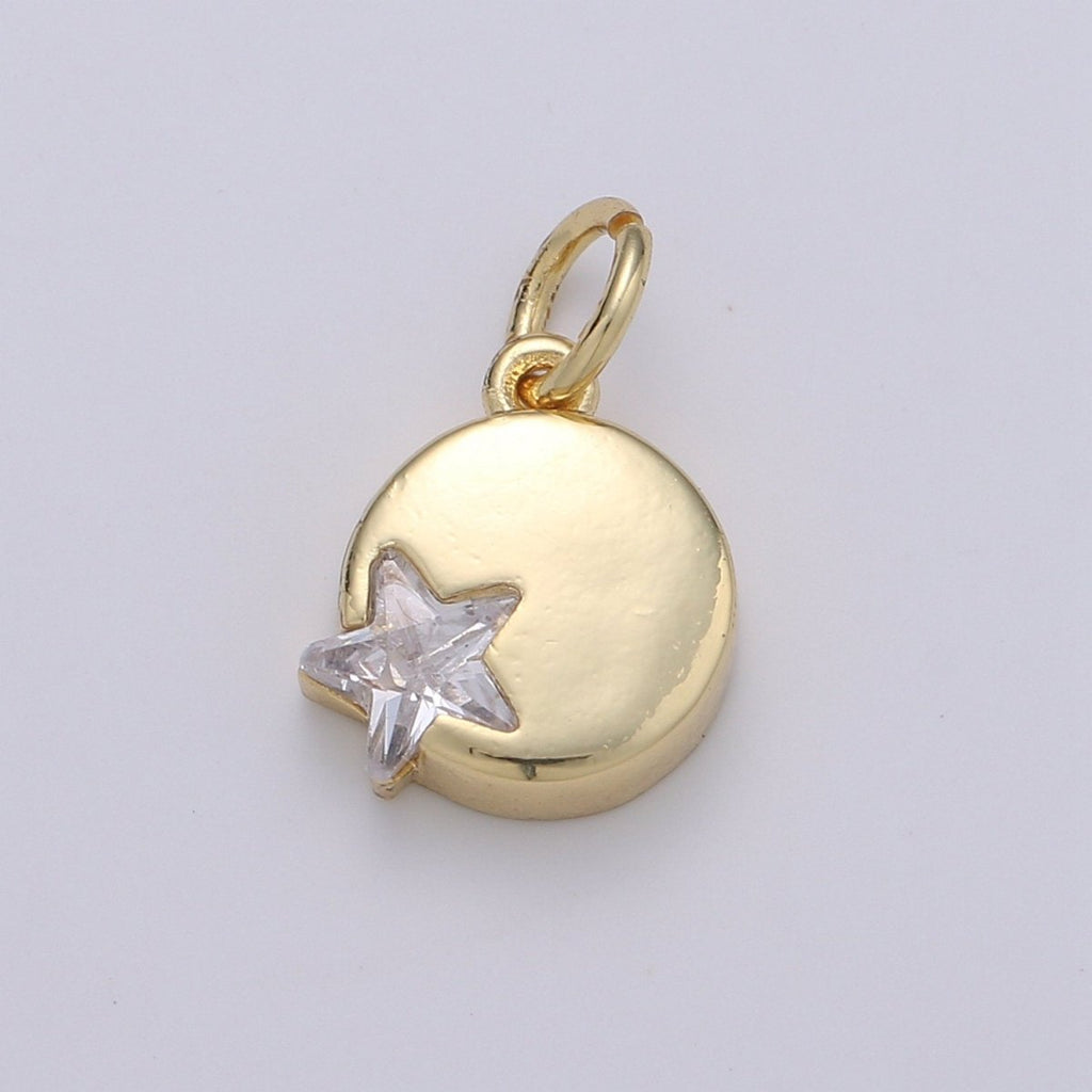 14K Gold plated Micro Pave CZ Star in the Universe Charm, Dainty Star Pendant Charm, Gold plated Round Pendant, Wristlet Charm D-221 D-222