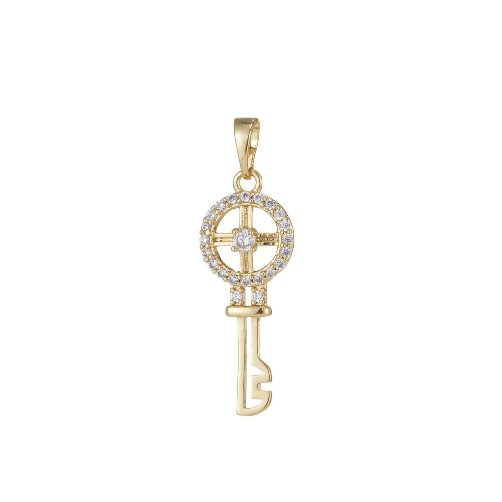14k Gold plated Micro Pave CZ Wheel Key Pendant Charm, Micro Pave CZ Key Pendant Charm, Gold plated Key Pendant, For DIY Jewelry I-550 - DLUXCA