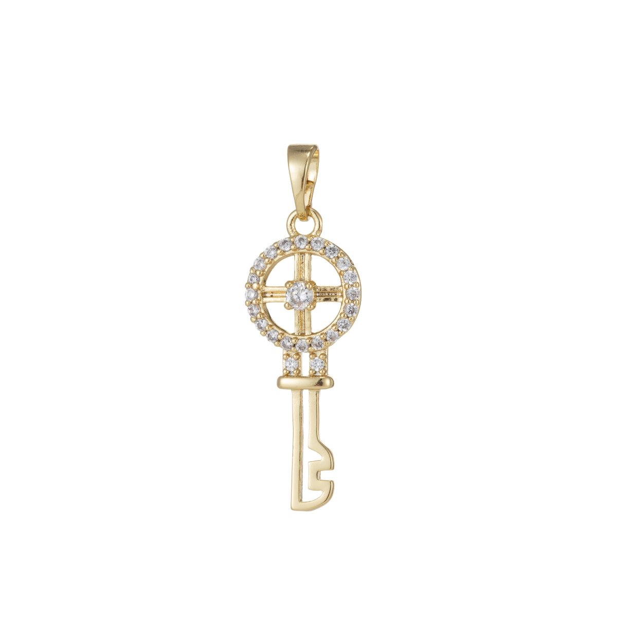 14k Gold plated Micro Pave CZ Wheel Key Pendant Charm, Micro Pave CZ Key Pendant Charm, Gold plated Key Pendant, For DIY Jewelry I-550 - DLUXCA