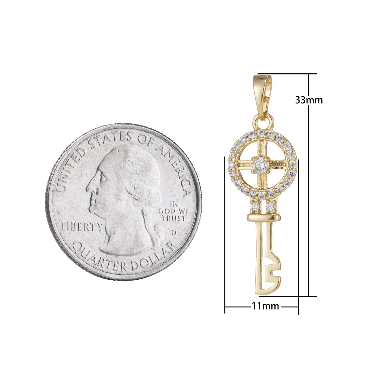 14k Gold plated Micro Pave CZ Wheel Key Pendant Charm, Micro Pave CZ Key Pendant Charm, Gold plated Key Pendant, For DIY Jewelry I-550 - DLUXCA