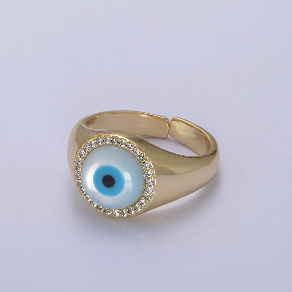 14K Gold plated Micro Pave Evil Eye Blue Dome Ring Open Adjustable Ring U-474 - DLUXCA