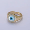 14K Gold plated Micro Pave Evil Eye Blue Dome Ring Open Adjustable Ring U-474 - DLUXCA