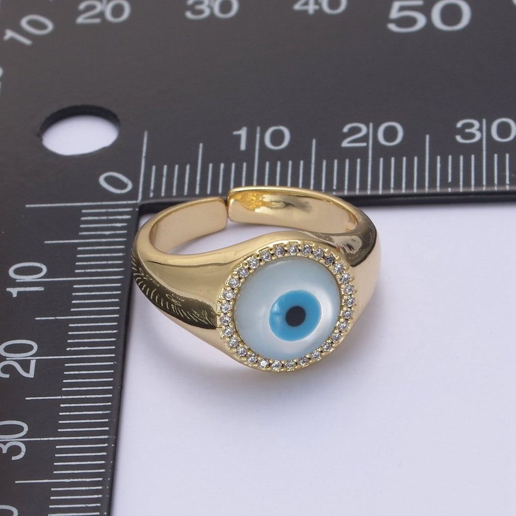 14K Gold plated Micro Pave Evil Eye Blue Dome Ring Open Adjustable Ring U-474 - DLUXCA