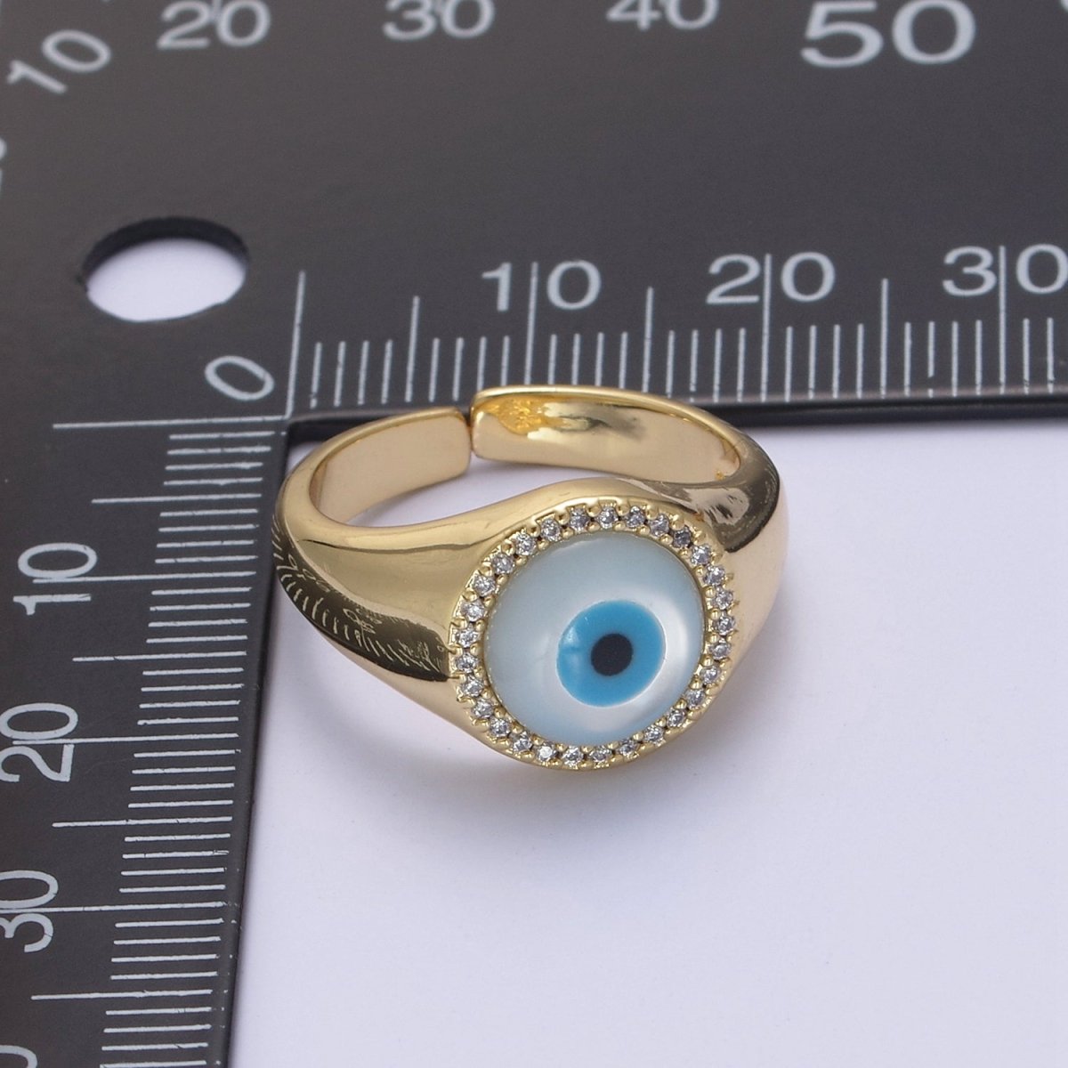 14K Gold plated Micro Pave Evil Eye Blue Dome Ring Open Adjustable Ring U-474 - DLUXCA