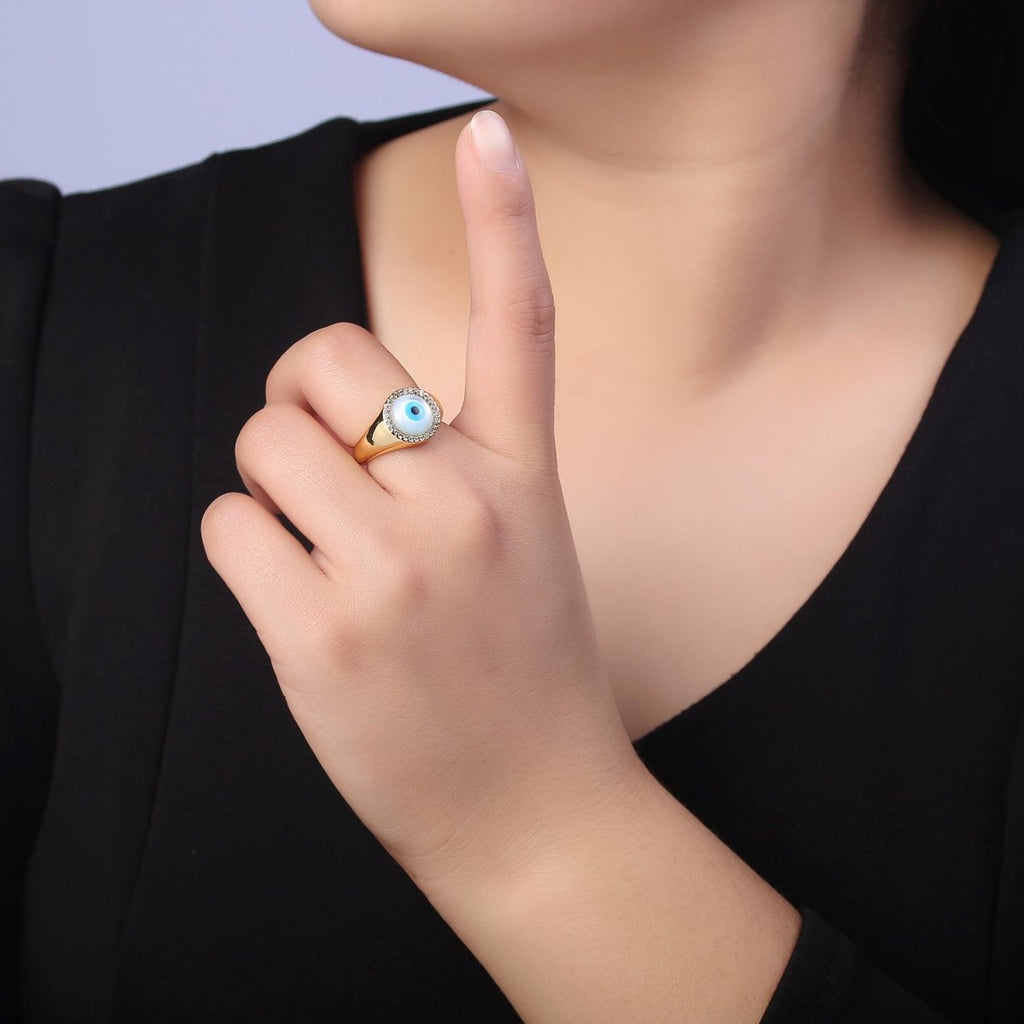 14K Gold plated Micro Pave Evil Eye Blue Dome Ring Open Adjustable Ring U-474 - DLUXCA