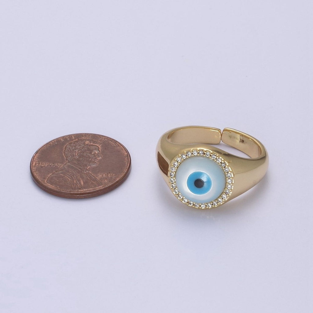 14K Gold plated Micro Pave Evil Eye Blue Dome Ring Open Adjustable Ring U-474 - DLUXCA