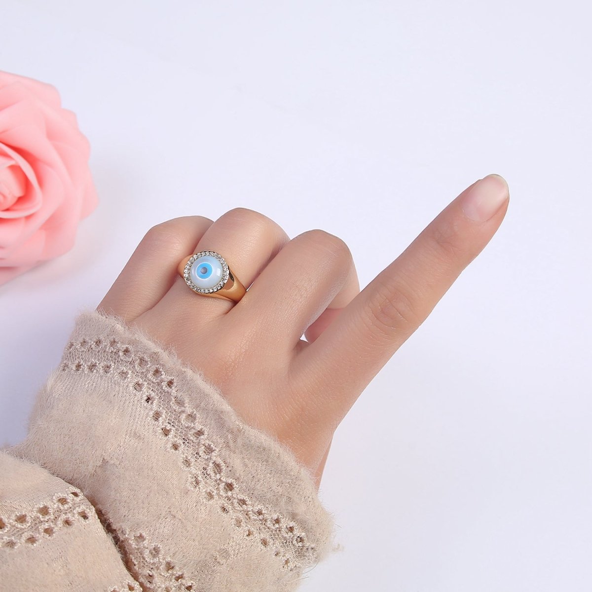 14K Gold plated Micro Pave Evil Eye Blue Dome Ring Open Adjustable Ring U-474 - DLUXCA