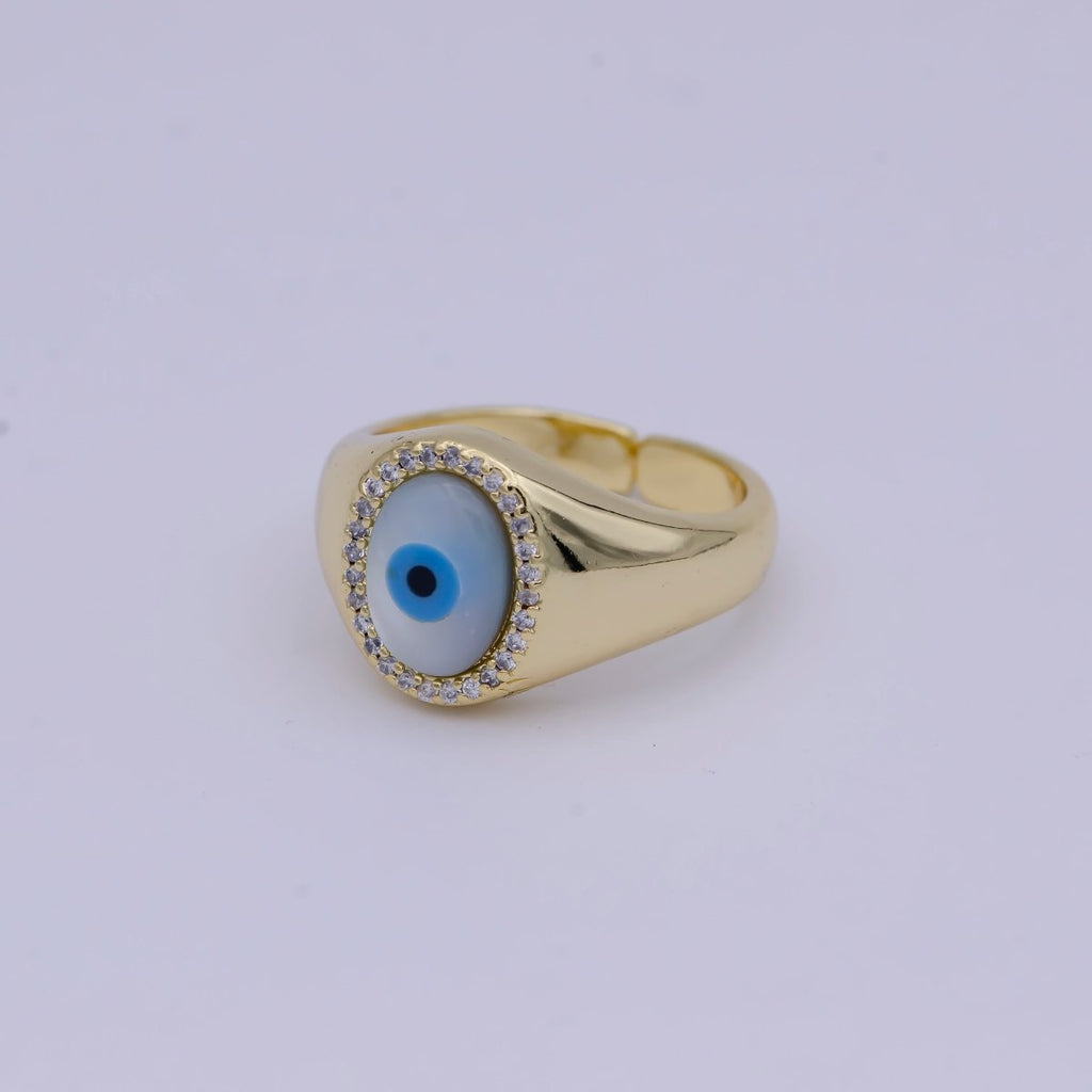 14K Gold plated Micro Pave Evil Eye Oval Dome Ring Open Adjustable Ring U-476 - DLUXCA
