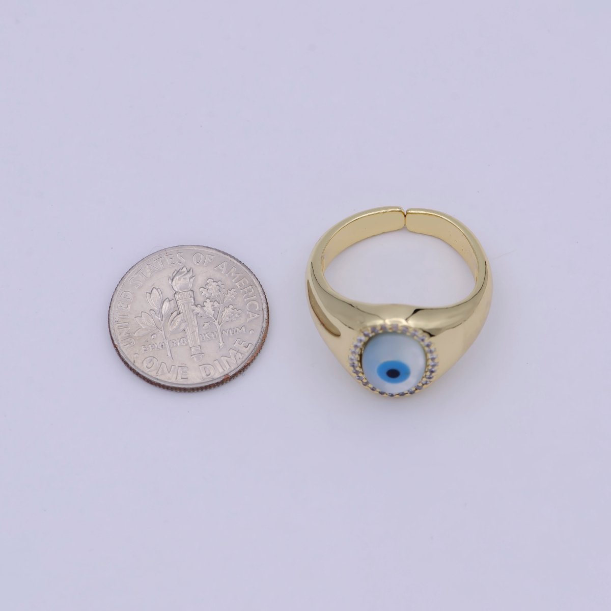 14K Gold plated Micro Pave Evil Eye Oval Dome Ring Open Adjustable Ring U-476 - DLUXCA