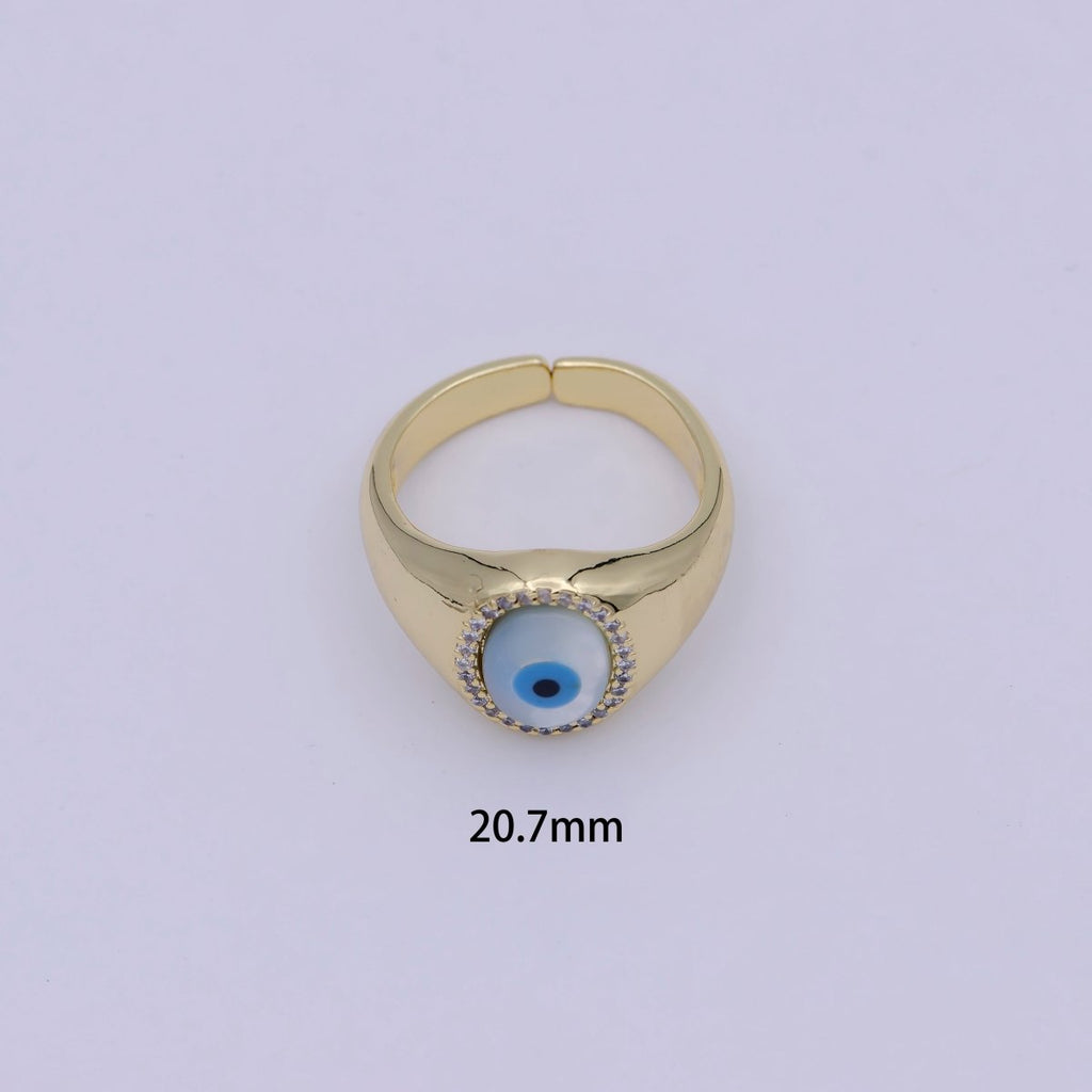 14K Gold plated Micro Pave Evil Eye Oval Dome Ring Open Adjustable Ring U-476 - DLUXCA