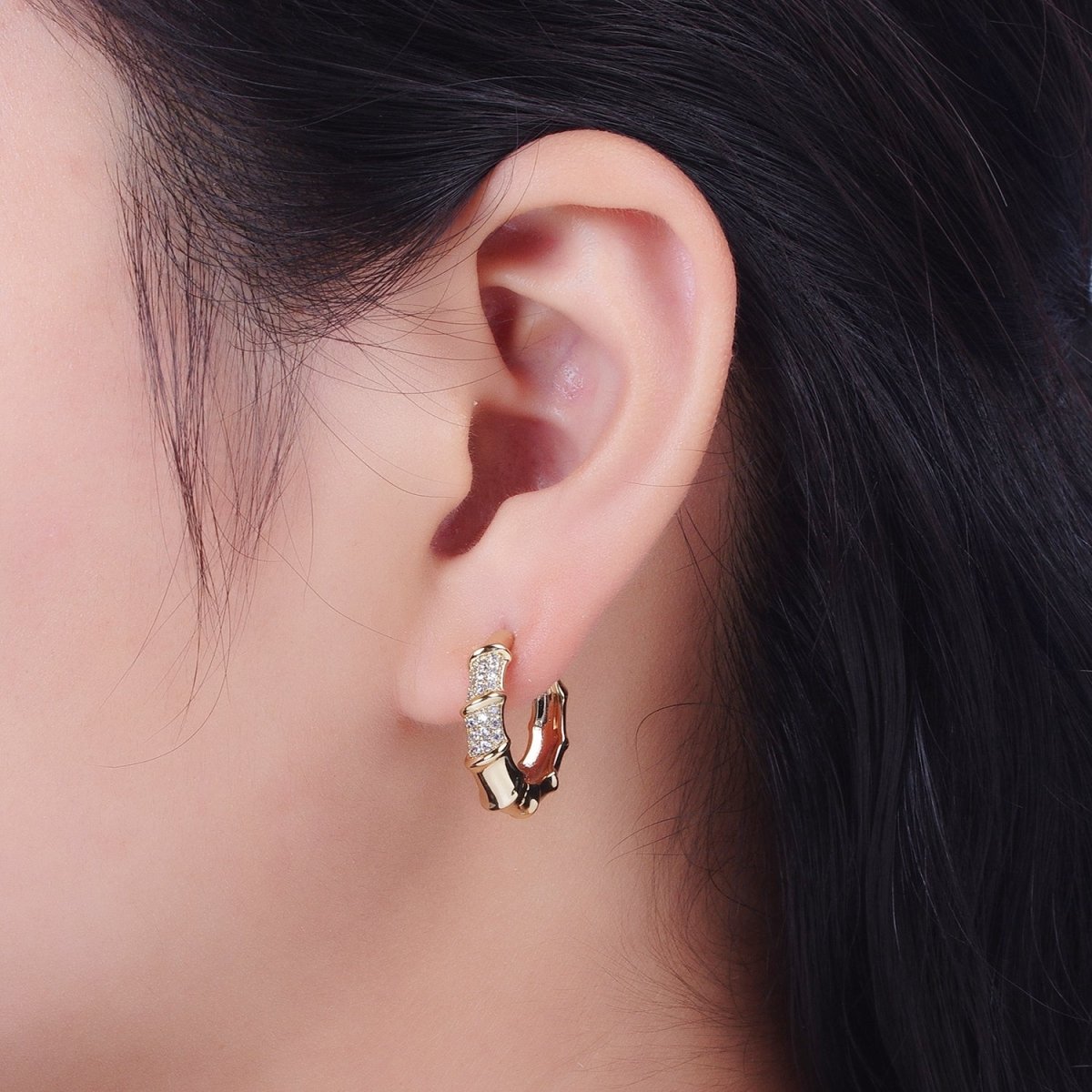 14K Gold plated Micro Paved Bamboo Huggie Hoop Earrings | V-019 - DLUXCA