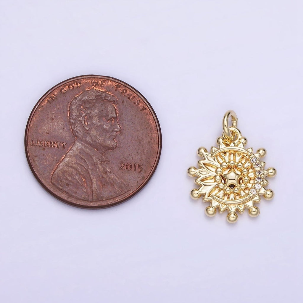 14K Gold plated Micro Paved Celestial Crescent Moon Star Sun Charm | AG736 - DLUXCA