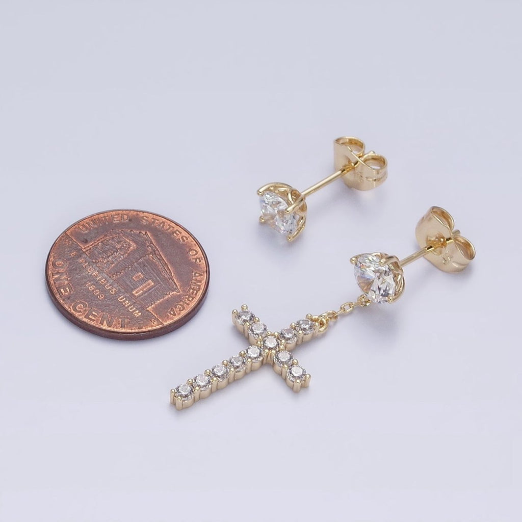 14K Gold plated Micro Paved Cross Clear CZ Drop Stud Earrings Set in Gold & Silver | AD1380 AD1381