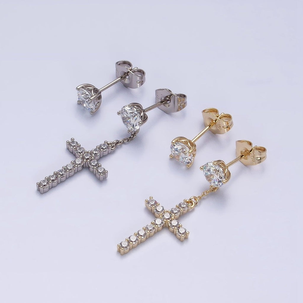 14K Gold plated Micro Paved Cross Clear CZ Drop Stud Earrings Set in Gold & Silver | AD1380 AD1381