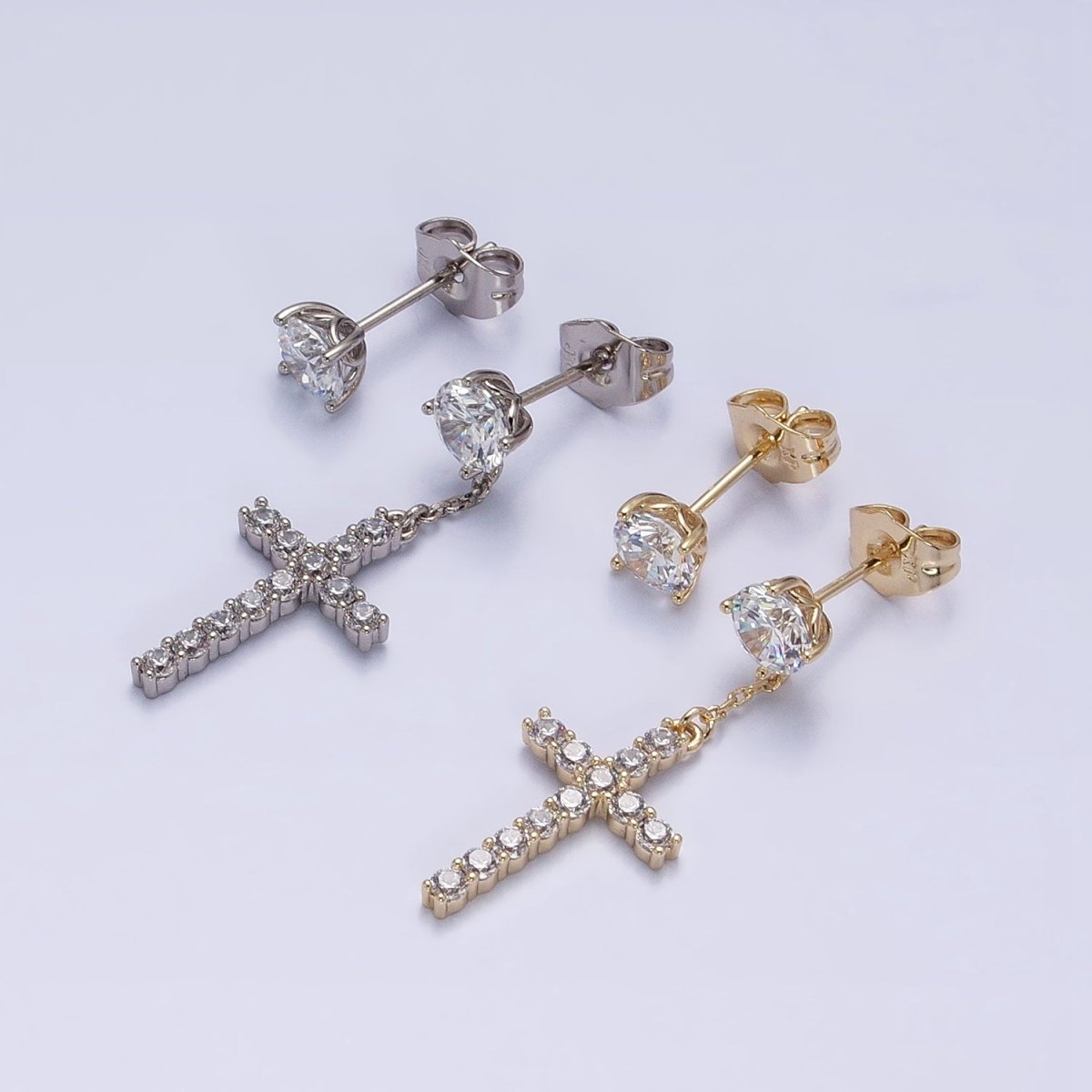 14K Gold plated Micro Paved Cross Clear CZ Drop Stud Earrings Set in Gold & Silver | AD1380 AD1381