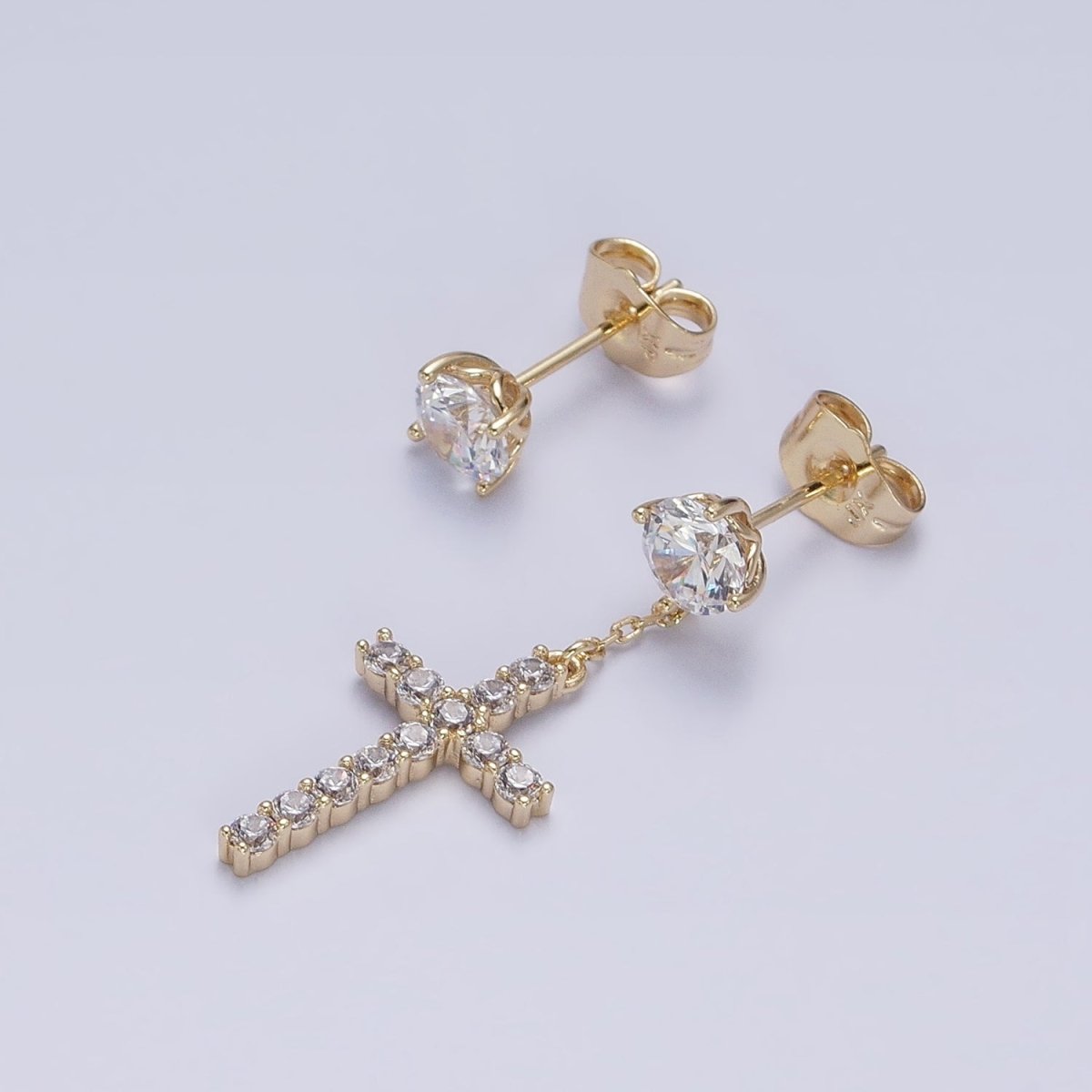 14K Gold plated Micro Paved Cross Clear CZ Drop Stud Earrings Set in Gold & Silver | AD1380 AD1381