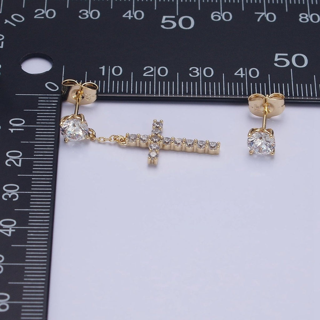 14K Gold plated Micro Paved Cross Clear CZ Drop Stud Earrings Set in Gold & Silver | AD1380 AD1381