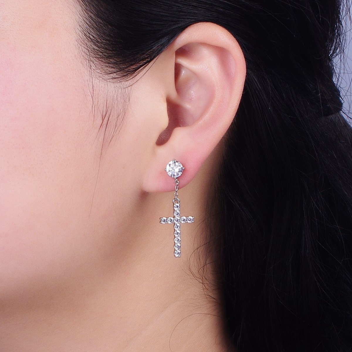 14K Gold plated Micro Paved Cross Clear CZ Drop Stud Earrings Set in Gold & Silver | AD1380 AD1381