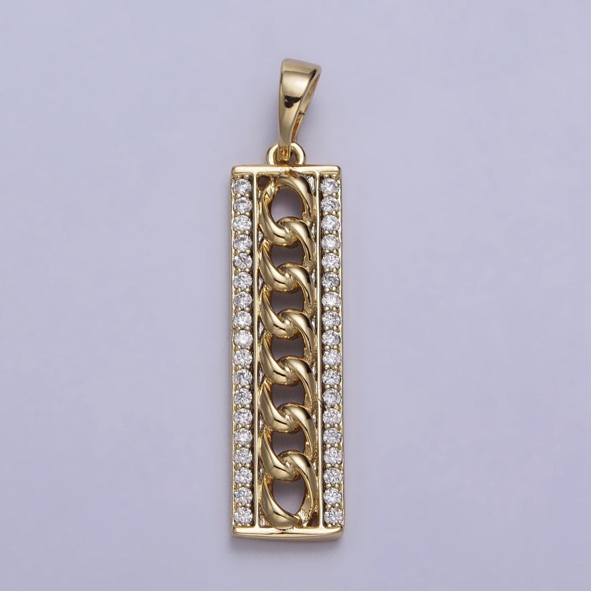 14K Gold plated Micro Paved Curb 34mm Bar Tag Rectangular Pendant | AA036 - DLUXCA