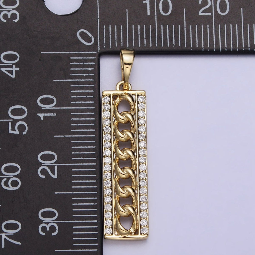 14K Gold plated Micro Paved Curb 34mm Bar Tag Rectangular Pendant | AA036 - DLUXCA
