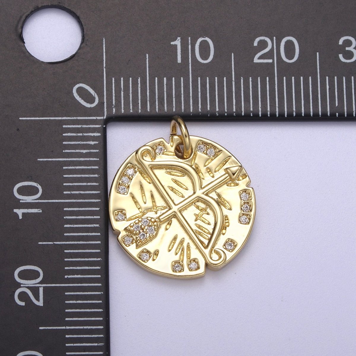 14K Gold plated Micro Paved CZ Archery Arrow Rustic Coin Charm N-261 - DLUXCA