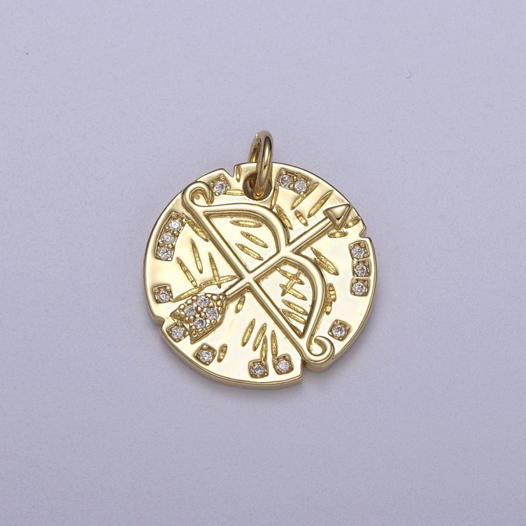 14K Gold plated Micro Paved CZ Archery Arrow Rustic Coin Charm N-261 - DLUXCA