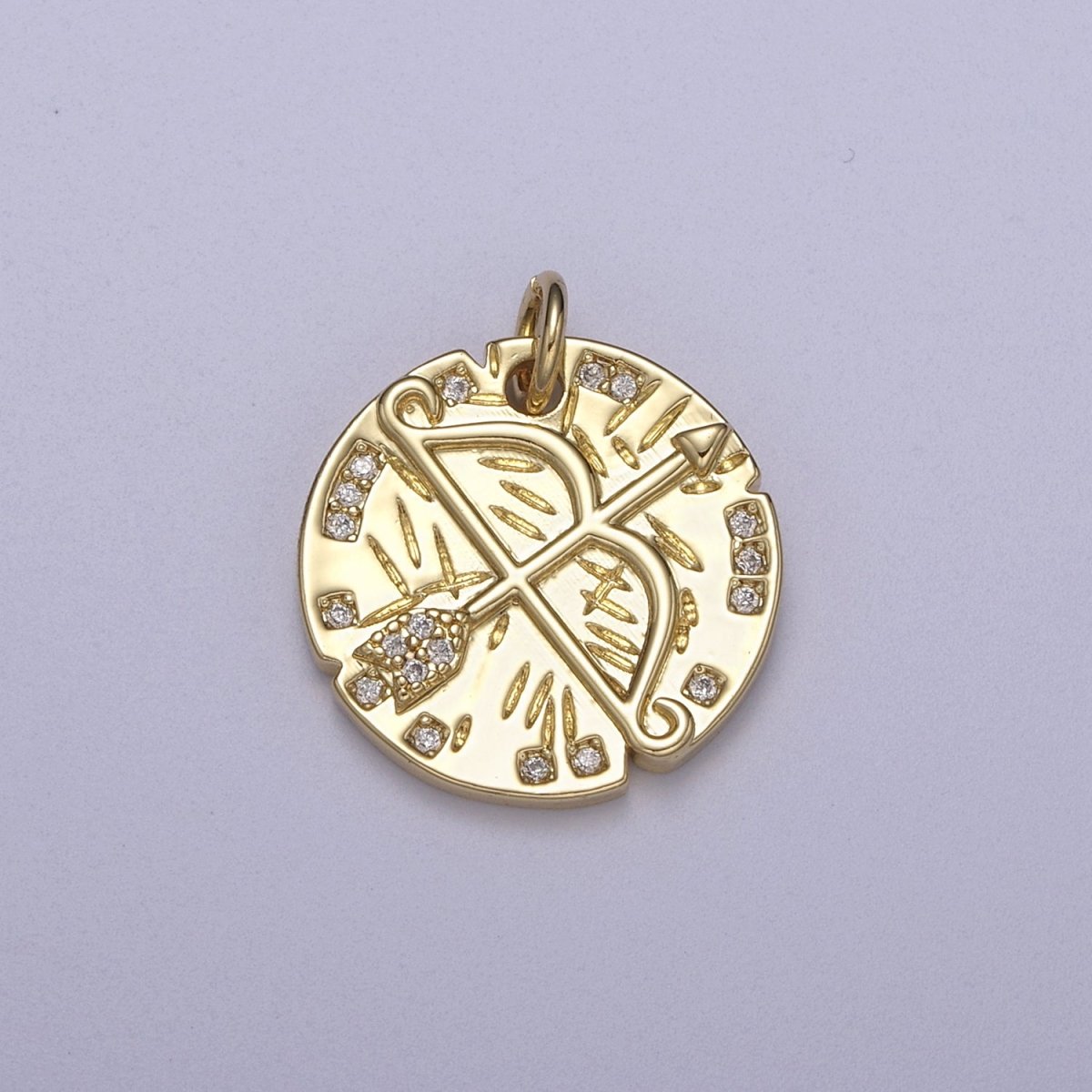 14K Gold plated Micro Paved CZ Archery Arrow Rustic Coin Charm N-261 - DLUXCA