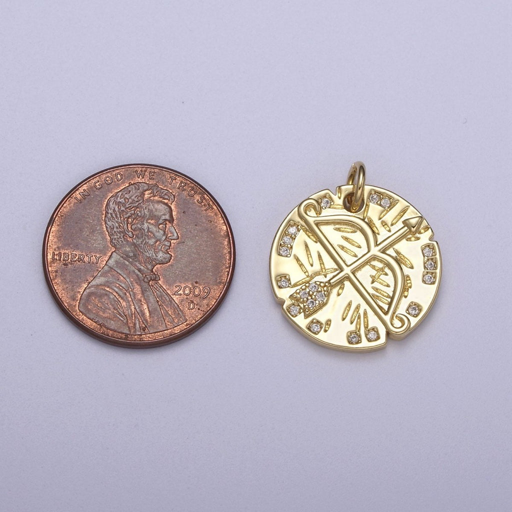14K Gold plated Micro Paved CZ Archery Arrow Rustic Coin Charm N-261 - DLUXCA