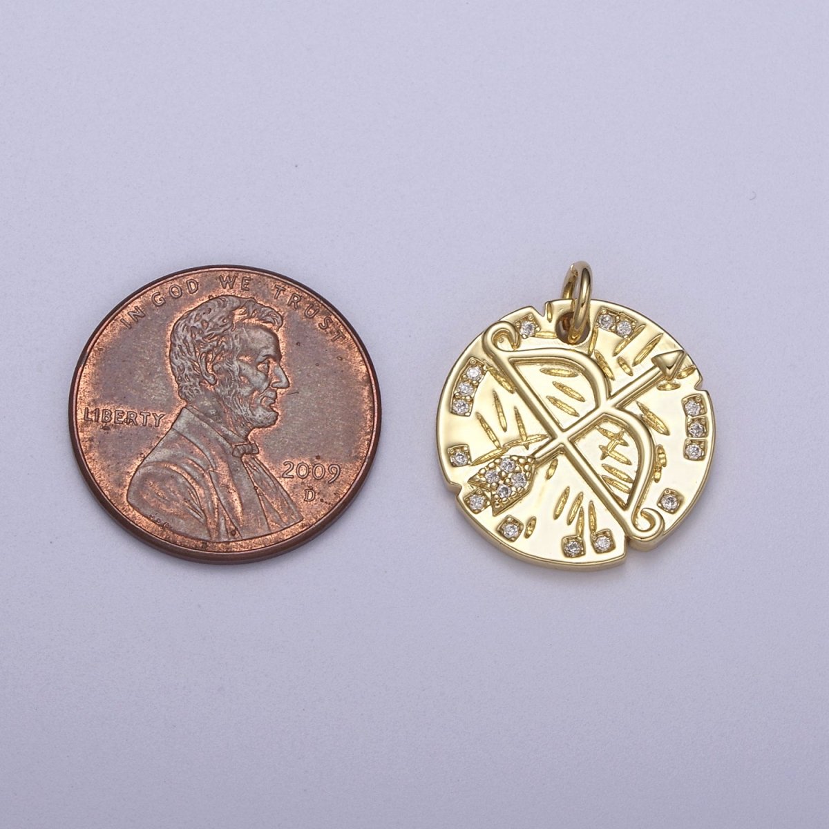 14K Gold plated Micro Paved CZ Archery Arrow Rustic Coin Charm N-261 - DLUXCA