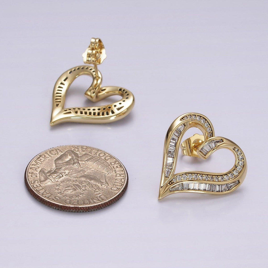14K Gold plated Micro Paved CZ Baguette Lined Open Heart Stud Earrings | AE400 - DLUXCA