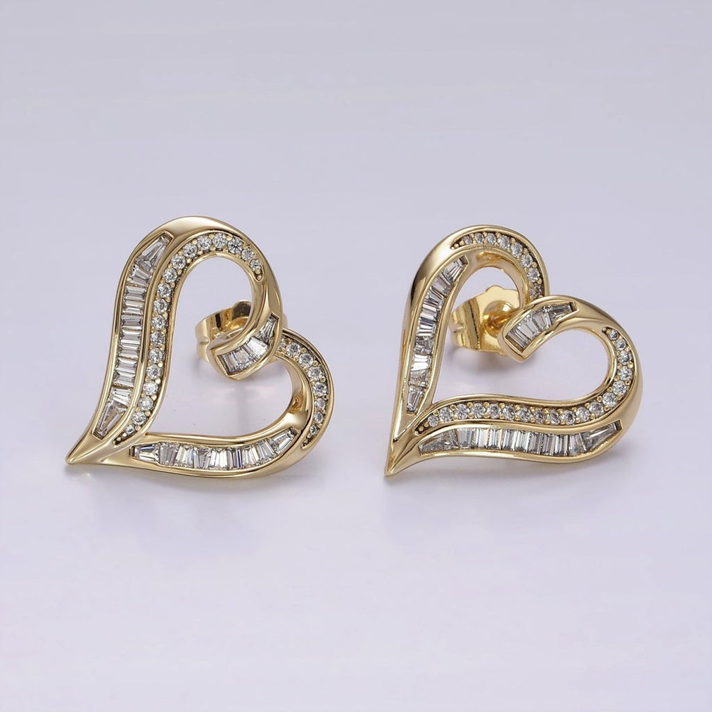 14K Gold plated Micro Paved CZ Baguette Lined Open Heart Stud Earrings | AE400 - DLUXCA