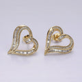 14K Gold plated Micro Paved CZ Baguette Lined Open Heart Stud Earrings | AE400 - DLUXCA