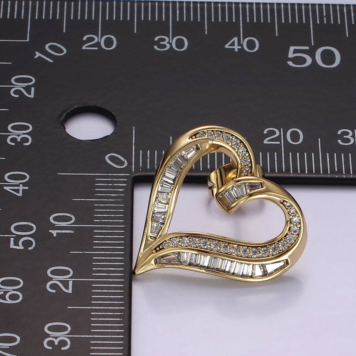 14K Gold plated Micro Paved CZ Baguette Lined Open Heart Stud Earrings | AE400 - DLUXCA
