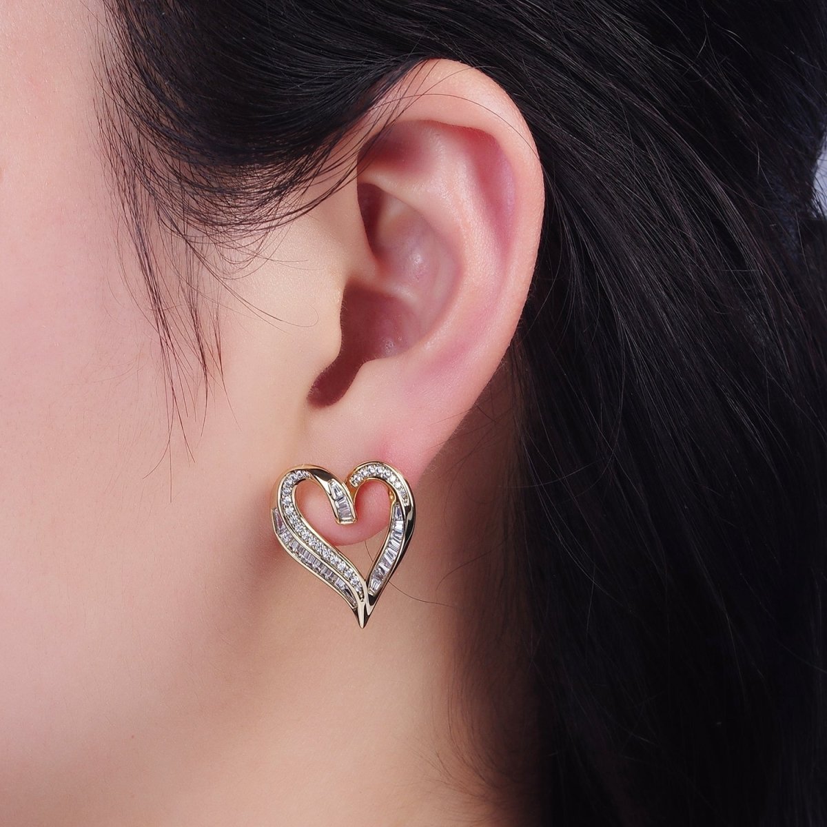 14K Gold plated Micro Paved CZ Baguette Lined Open Heart Stud Earrings | AE400 - DLUXCA