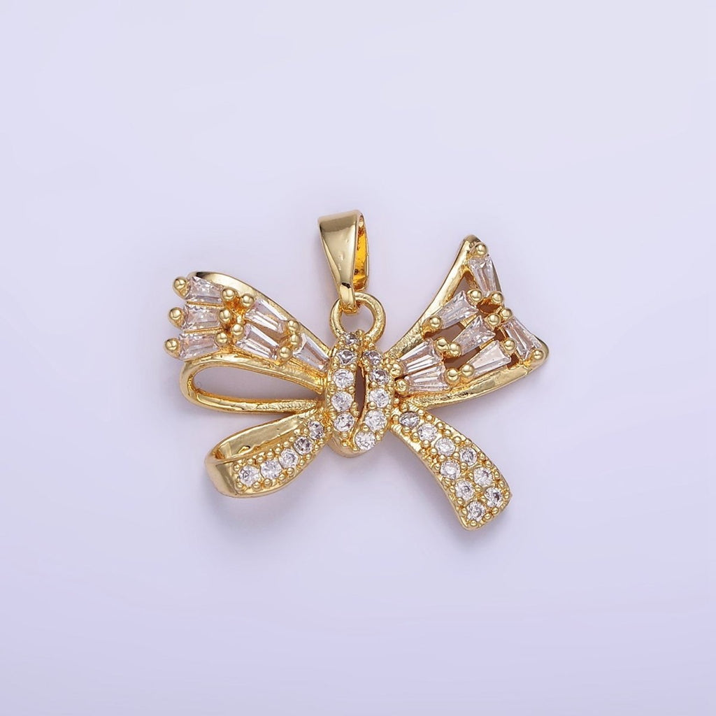 14K Gold plated Micro Paved CZ Baguette Ribbon Bow Pendant in Gold & Silver | AA1156 - DLUXCA