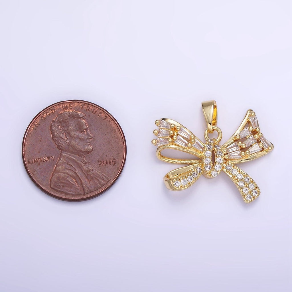 14K Gold plated Micro Paved CZ Baguette Ribbon Bow Pendant in Gold & Silver | AA1156 - DLUXCA