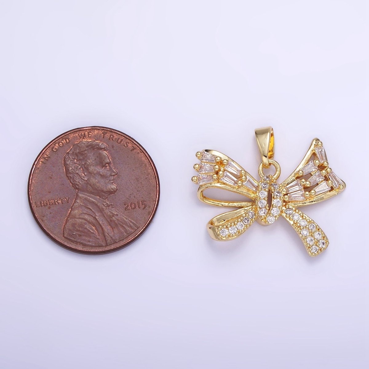 14K Gold plated Micro Paved CZ Baguette Ribbon Bow Pendant in Gold & Silver | AA1156 - DLUXCA