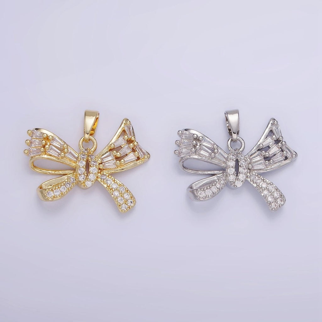 14K Gold plated Micro Paved CZ Baguette Ribbon Bow Pendant in Gold & Silver | AA1156 - DLUXCA