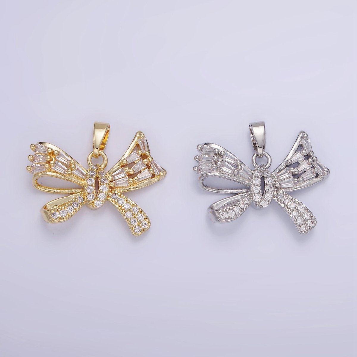 14K Gold plated Micro Paved CZ Baguette Ribbon Bow Pendant in Gold & Silver | AA1156 - DLUXCA
