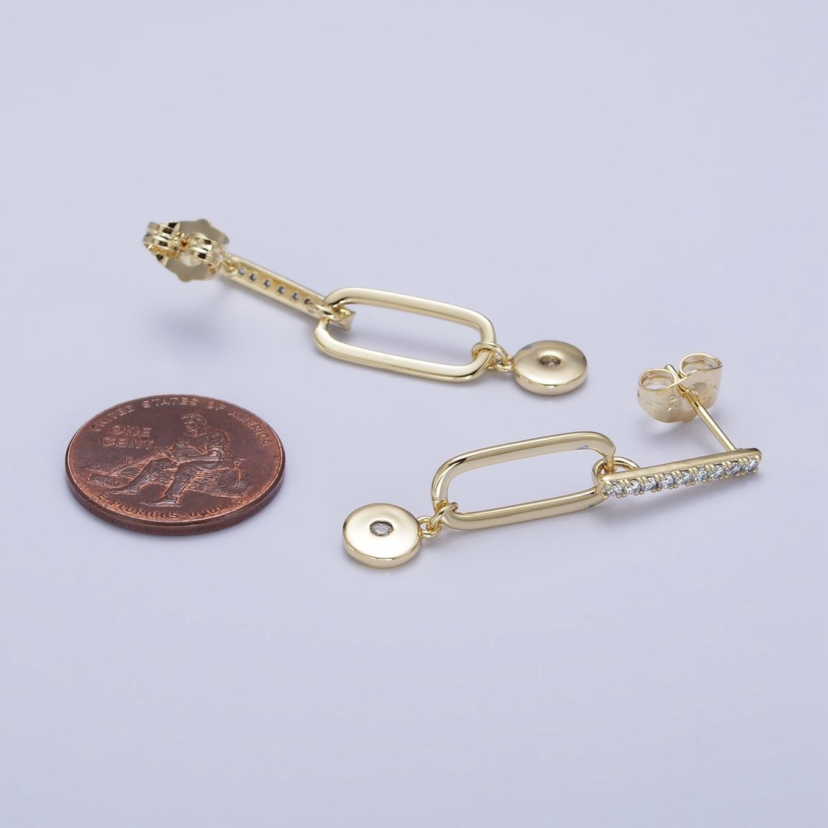 14K Gold plated Micro Paved CZ Bar Oblong Round Drop Geometric Stud Earrings AD1529 - DLUXCA