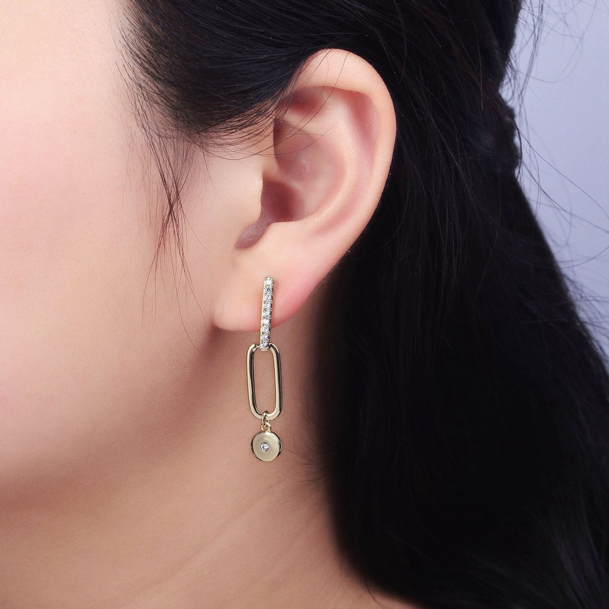 14K Gold plated Micro Paved CZ Bar Oblong Round Drop Geometric Stud Earrings AD1529 - DLUXCA