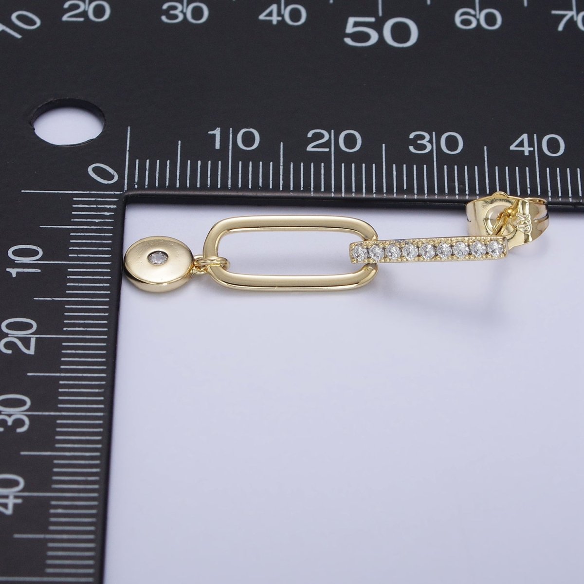 14K Gold plated Micro Paved CZ Bar Oblong Round Drop Geometric Stud Earrings AD1529 - DLUXCA