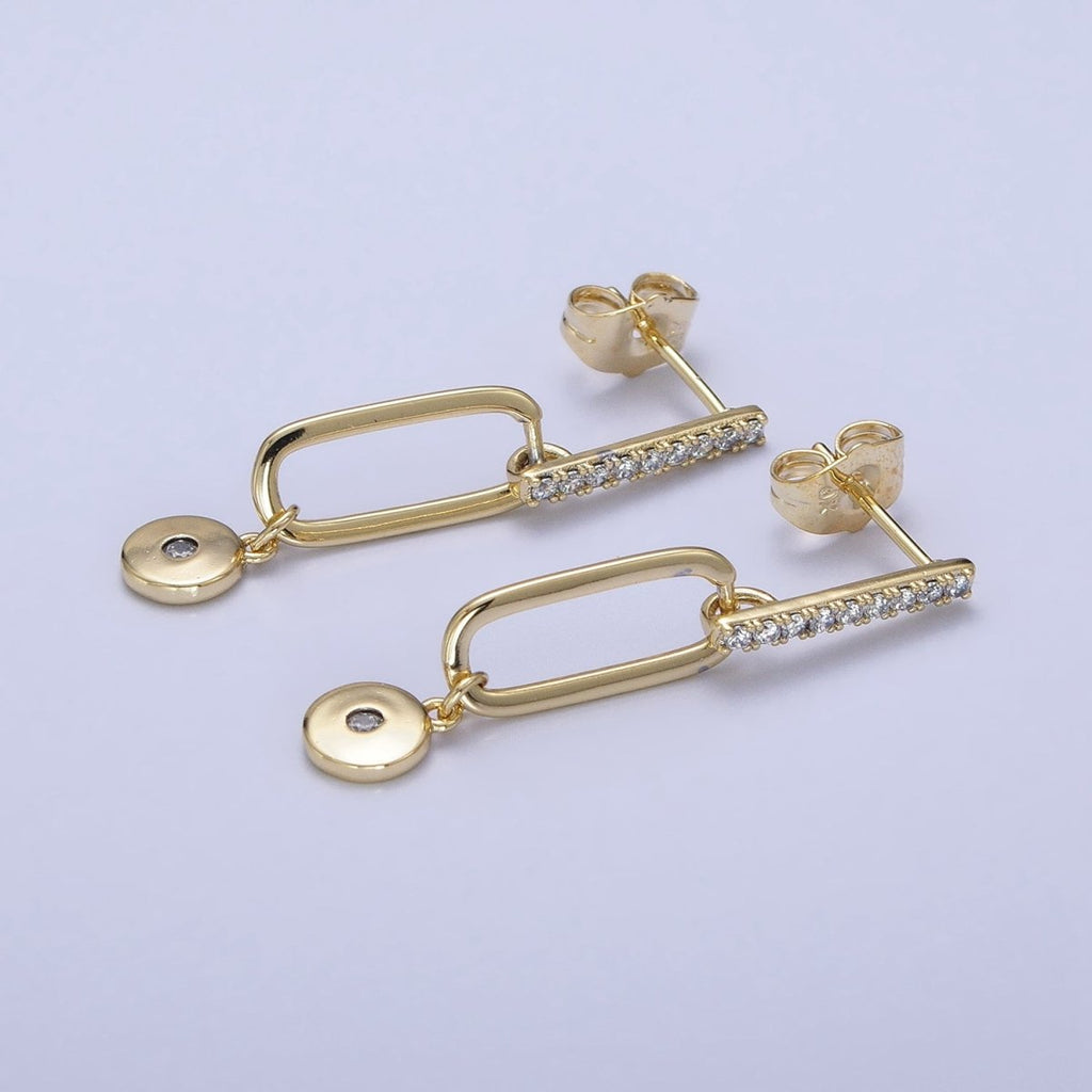 14K Gold plated Micro Paved CZ Bar Oblong Round Drop Geometric Stud Earrings AD1529 - DLUXCA