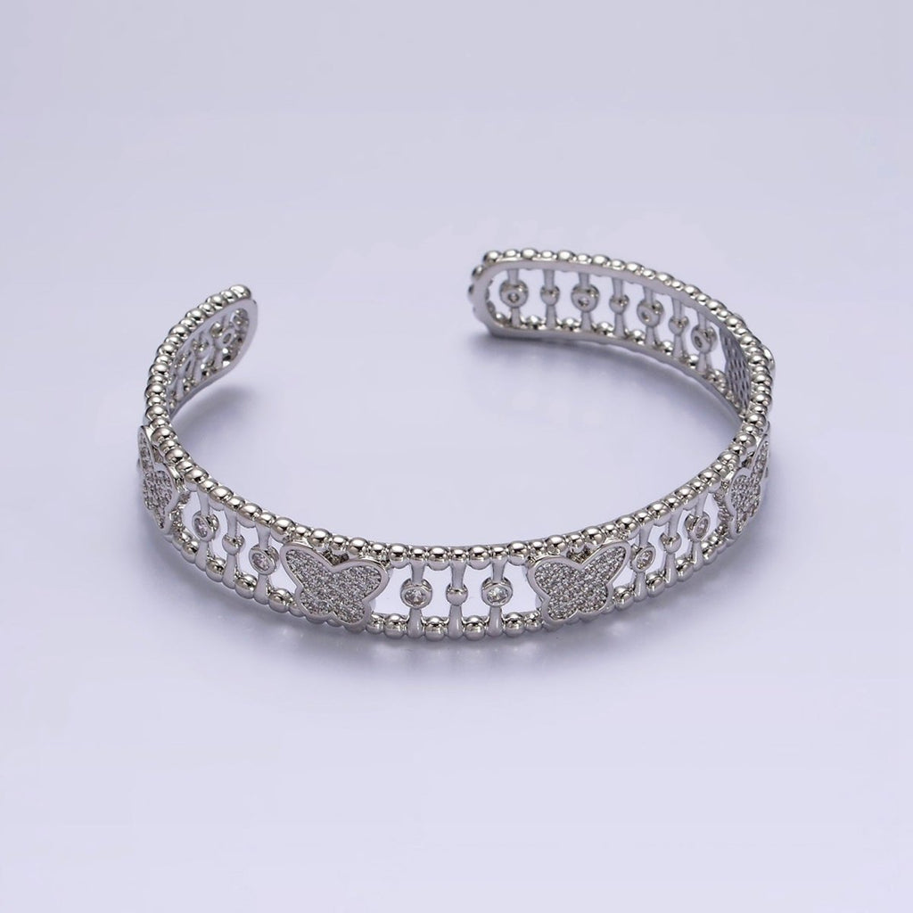 14K Gold plated Micro Paved CZ Butterfly Triple Band Beaded Bubble Cuff Bracelet in Gold & Silver | WA-1935 WA-1936 Clearance Pricing