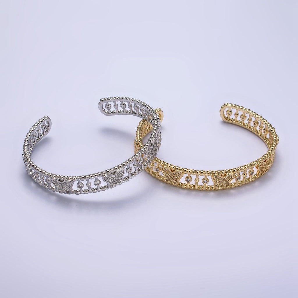14K Gold plated Micro Paved CZ Butterfly Triple Band Beaded Bubble Cuff Bracelet in Gold & Silver | WA-1935 WA-1936 Clearance Pricing
