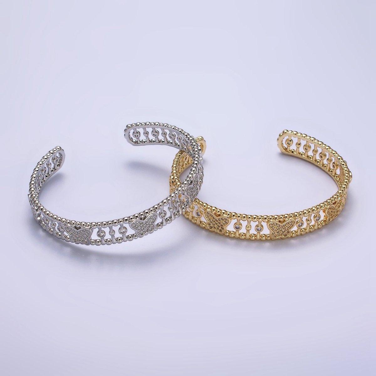 14K Gold plated Micro Paved CZ Butterfly Triple Band Beaded Bubble Cuff Bracelet in Gold & Silver | WA-1935 WA-1936 Clearance Pricing