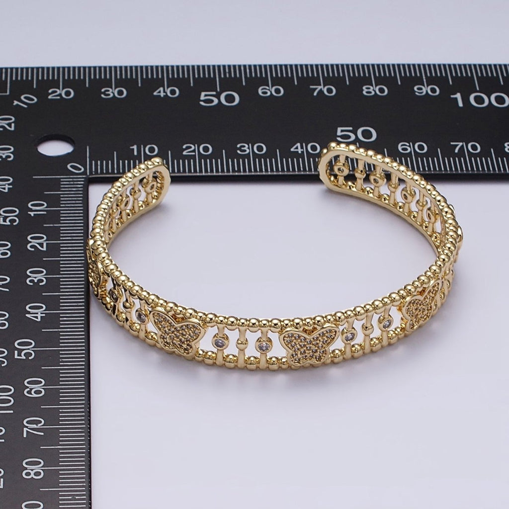 14K Gold plated Micro Paved CZ Butterfly Triple Band Beaded Bubble Cuff Bracelet in Gold & Silver | WA-1935 WA-1936 Clearance Pricing
